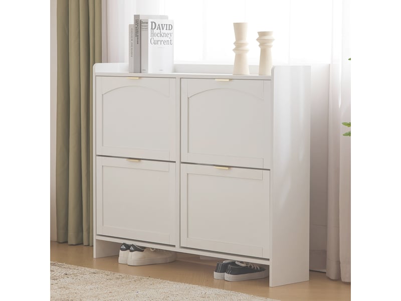  Meuble à chaussures design moderne blanc avec 4 compartiments abattants et étagère ouverte, meuble de rangement pratique pour entrée ou couloir - 110x24x90 cm  - Conforama B