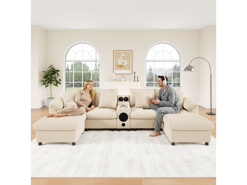 Canapé d'angle, canapé modulable, en velours tricoté, beige, porte-gobelets, pour salon et séjour, usb - Conforama C