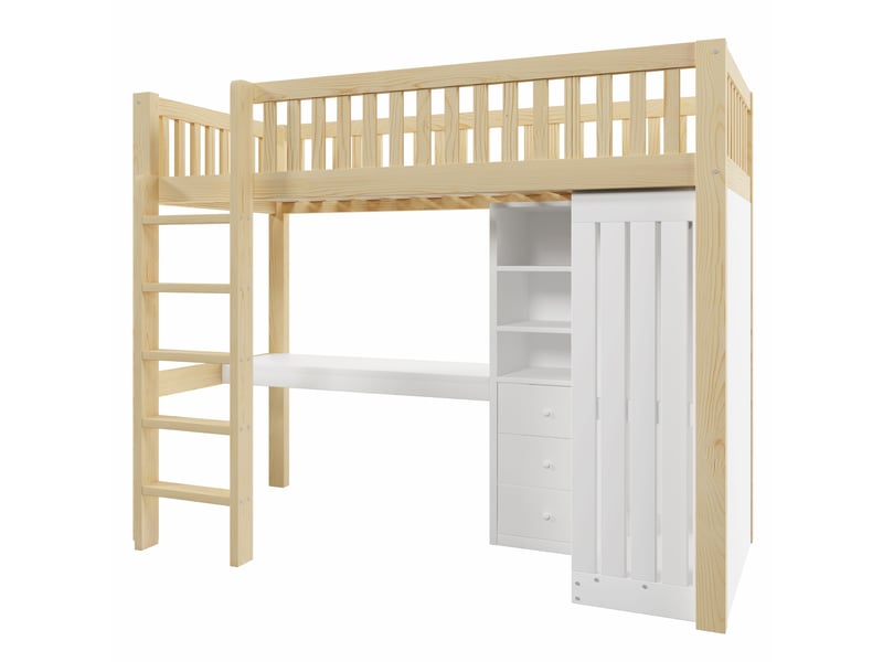 Lit mezzanine naturel 90x200 cm, bureau, armoire, 3 tiroirs et rangements intégrés - Conforama E