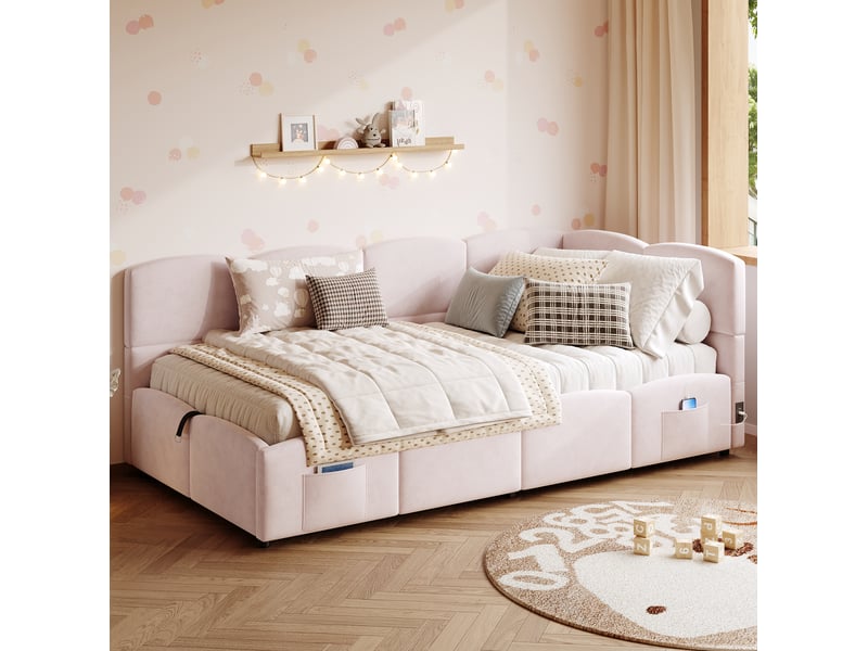  Lit banquette coffre 90x200 cm en velours rose avec usb et rangements  - Conforama D