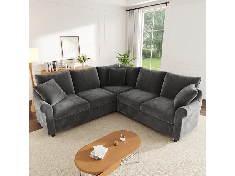  Canapé d'angle 5 places en forme de l 217x217x83 cm - avec 3 coussins décoratifs - tissu chenille - gris  - Conforama E