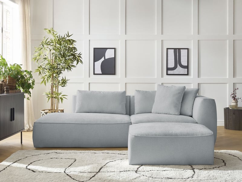  Bobochic canapé droit fixe 3 places leopold tissu texturé avec pouf gris clair  accoudoir droit LEOPOLD - Conforama D