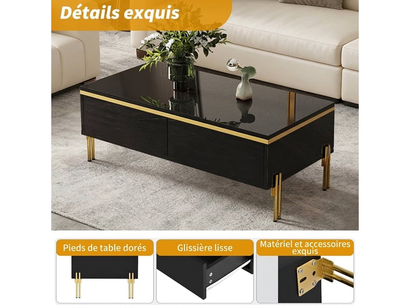  Table basse noire brillante 100x50x36 cm avec tiroirs cachés et pieds en métal  - Conforama D