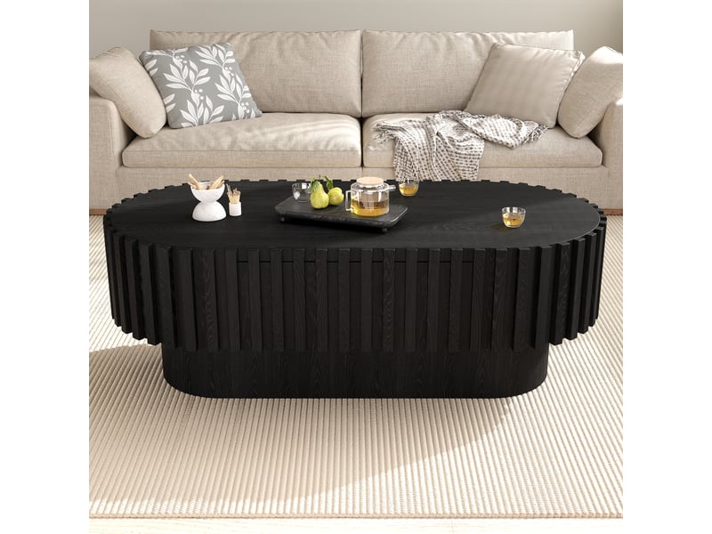  Table basse ovale avec tiroir, décor à lames verticales, style moderne rustique, en mdf noir, 100 × 50 × 35,5 cm  - Conforama B