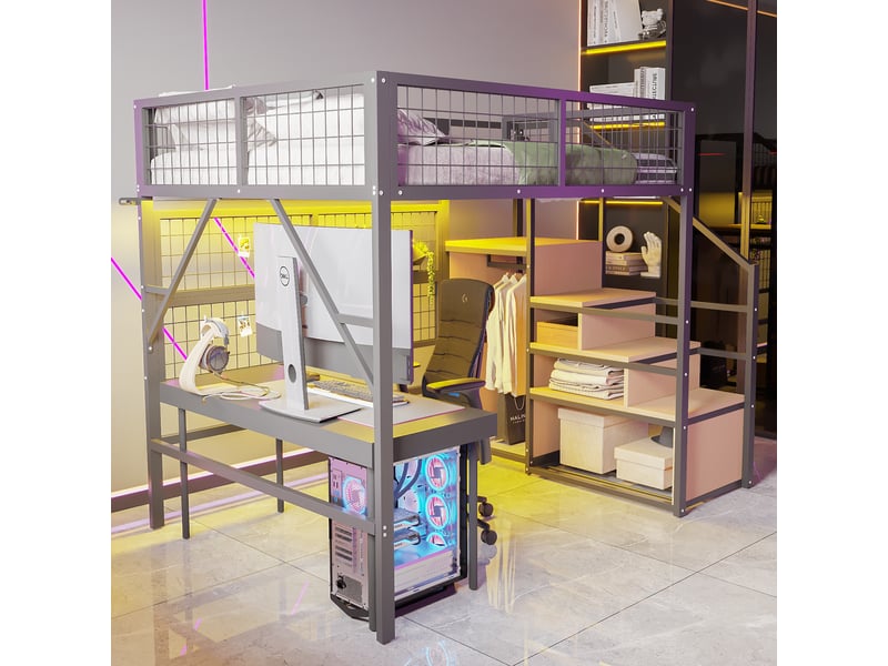  Lit superposé en métal 140*200 cm noir, escalier avec rangement, ruban led application et penderie ouverte  - Conforama D