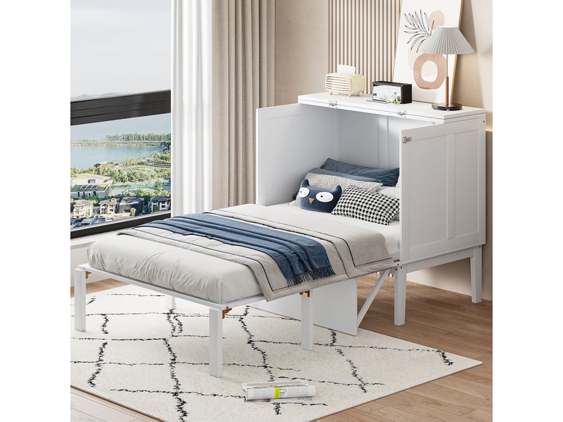  Lit enfant 90 x 200 cm, lit 1 personne avec sommier a lattes, lit rabattable mural, lit escamotable avec sommier a lattes, blanc  - Conforama A
