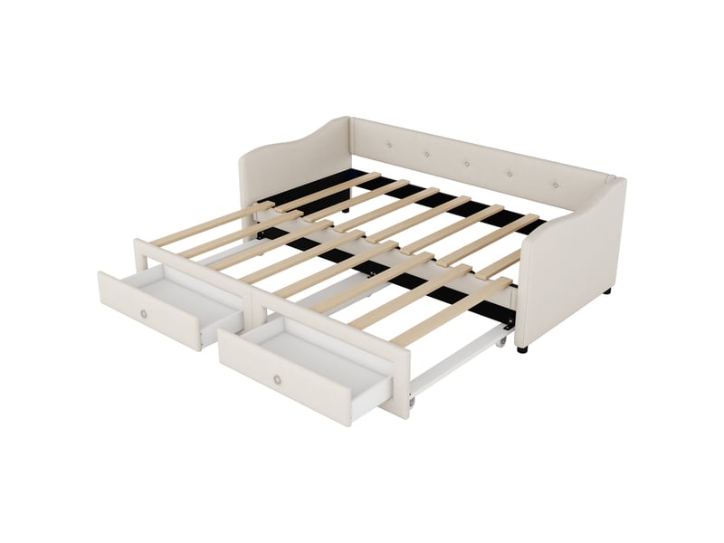  Lit jeune 90x200 cm avec 2 tiroirs et dossier incurvé, lin, beige, sans matelas  - Conforama R
