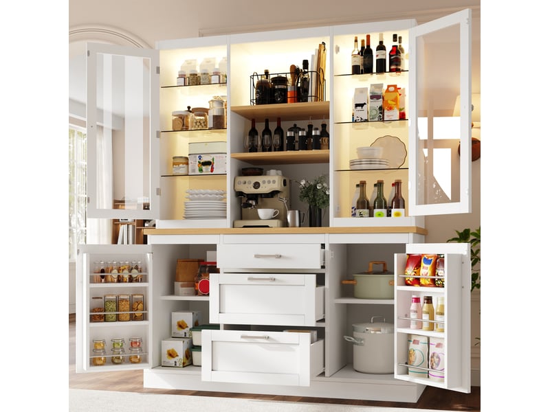  Buffet de cuisine moderne 140x40x185cm, 3 tiroirs et 4 portes, meuble de rangement avec éclairage led, plateau de travail, mdf blanc  - Conforama B