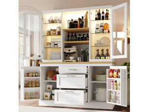 Buffet de cuisine moderne 140x40x185cm, 3 tiroirs et 4 portes, meuble de rangement avec éclairage led, plateau de travail, mdf blanc