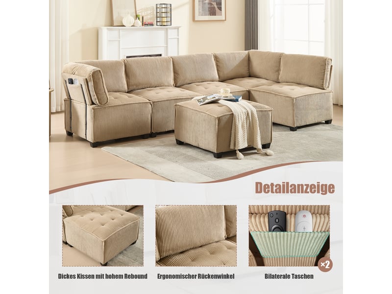  Canapé modulaire 6 places kaki en velours côtelé, structure métal et bois, convertible u ou l  - Conforama D