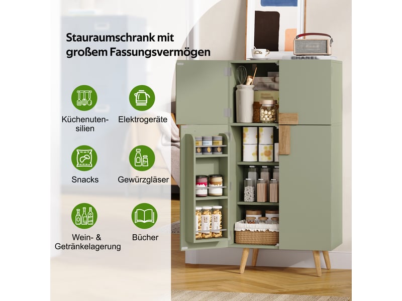  Armoire haute de cuisine 60x35x120 cm avec 4 portes, grand rangement, étagères réglables, rangements de porte, façades géométriques, mdf vert  - Conforama E