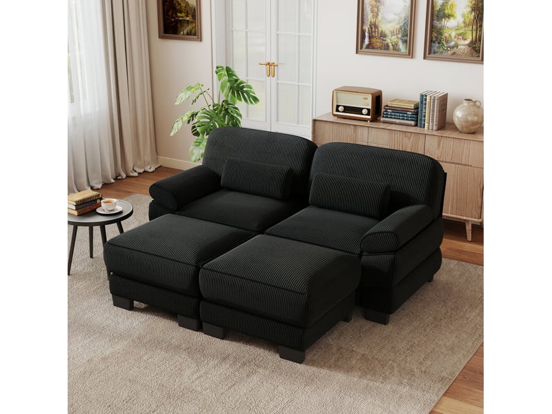 Canapé droit 2 places modulable avec 2 poufs en velours côtelé noir - Conforama B