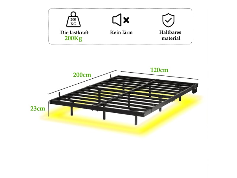  Cadre de lit flottant en métal 120x200 cm, led et usb, lattes robustes, noir, montage facile, design moderne  - Conforama C