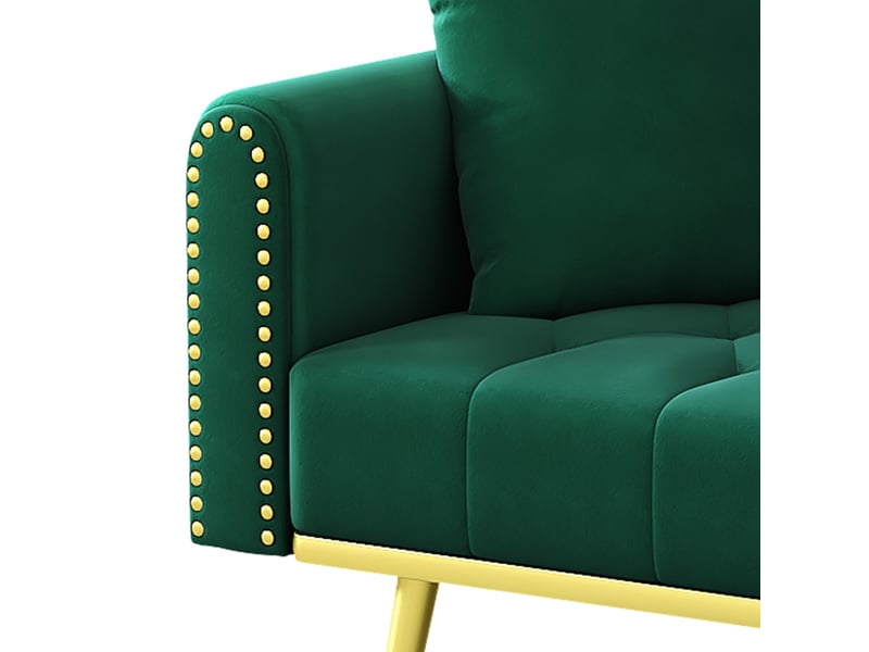  Canapé convertible 2 places velours vert 175x80x73.5cm avec coffre de rangement et support gobelet  - Conforama E