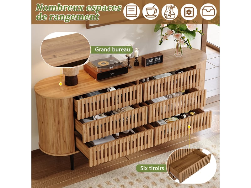 Buffet 160 cm effet bois, 6 tiroirs design à lattes - Conforama C