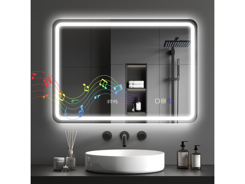 Miroir de salle de bain avec éclairage led 70 x 50 cm, bluetooth, 3 couleurs d'éclairage, horloge numérique, fonction antibuée et fonction mémoire.  - Conforama C
