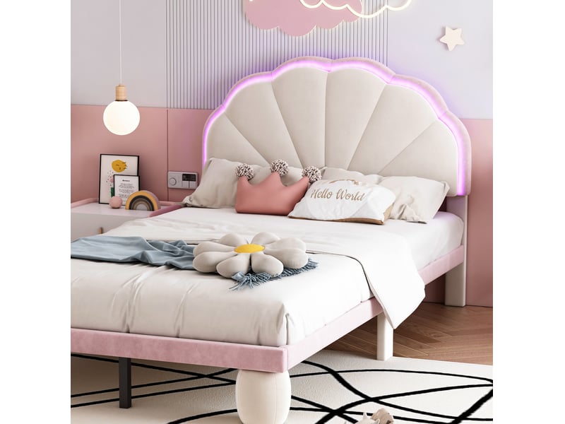  Modenvie lit enfant 90x200 cm - led multicolore, sommier inclus - sans matelas, beige et rose  - Conforama D