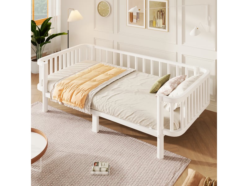  Lit banquette 90x200 cm, lit de jour avec sommier à lattes en acier, structure en métal, blanc ABC - Conforama E
