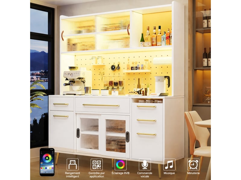  Meuble de cuisine muvano, buffet haut de cuisine blanc avec led et panneau perforé, 145 × 39 × 171 cm  - Conforama B