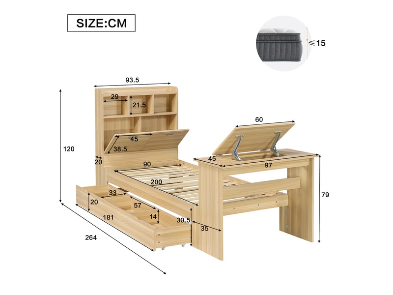  Lit enfant simple 90×200 cm avec tiroir, étagères et table rabattable - okmyhome- sans matelas, bois naturel  - Conforama D
