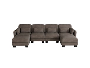 Canapé panoramique modulable 330 cm 4 places avec 2 poufs, coussins d’accoudoir amovibles, coussins lombaires épais, chenille, brun café