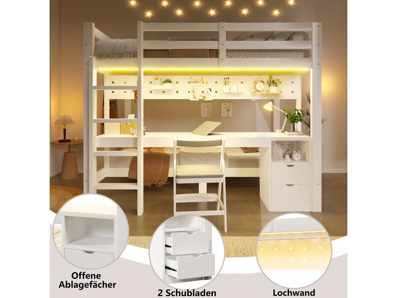  Lit superposé 90x200 cm, lit enfant, tiroirs, bureau, métal blanc, led  - Conforama R
