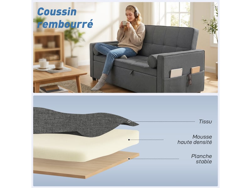 Canapé convertible 2 places 3 en 1 canapé-lit avec lit gigogne double dossier réglable 2 coussins gris 80,5x137,5x84cm - Conforama R