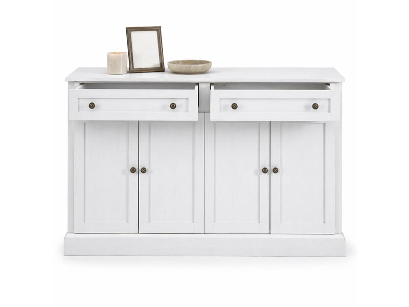 Buffet 4 portes et 2 tiroirs avec étagères réglables pour salon en panneaux de particules 150×40×86 cm blanc antique - Conforama A