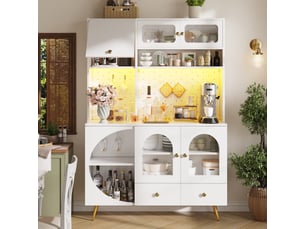 Buffet haut de cuisine blanc, meuble de rangement avec éclairage led, prises usb, panneau perforé et tiroirs, 120x40x176cm