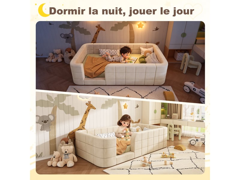  Lit pour enfant capitonné 90x200cm - tissu chenille - avec garde-corps de sécurité - beige (matelas non inclus)  - Conforama R