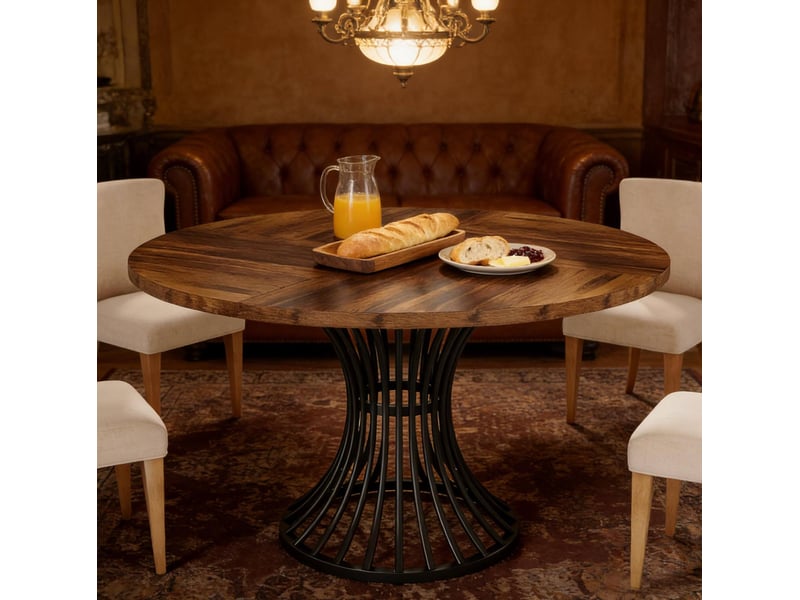  Table de salle à manger pour 6 personnes avec plateau rond et piètement en métal 119 × 119 × 76,5 cm  - Conforama C