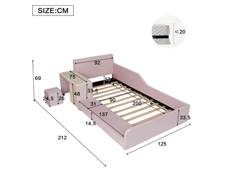  Lit enfant 90 × 200 cm avec bureau, tabouret et étagère, tête de lit rembourrée en velours rose pour chambre  - Conforama C