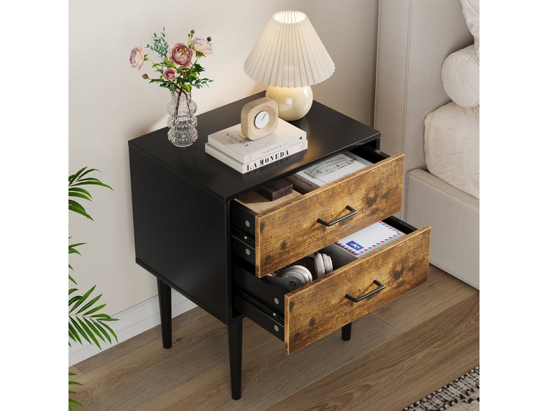  Table de chevet avec 2 tiroirs de rangement pour chambre en mdf à pieds en bois massif marron antique  - Conforama C