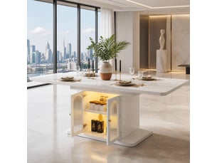 Table de salle à manger extensible avec rangements et éclairage led, pour 6 à 8 personnes, style scandinave, blanc, en mdf