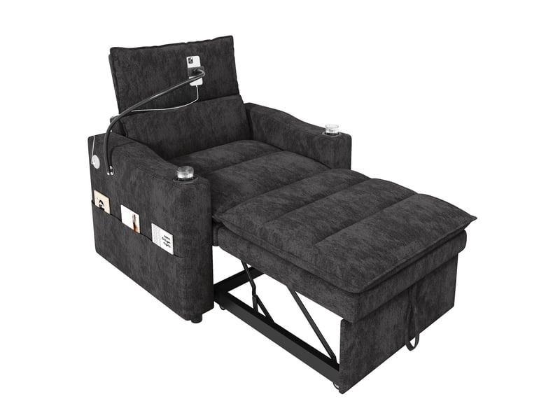 Fauteuil convertible 1 place 3-en-1 94x147 cm, couchage jusqu’à 173 cm, dossier 3 positions, usbusb-c, support téléphone 360°, chenille grise Morn Vibe - Conforama A