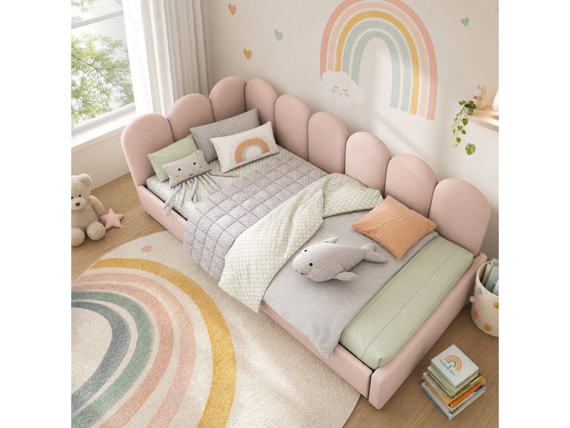 Lit banquette 90x190 cm en velours rose avec 2 tiroirs et sommier - Conforama C
