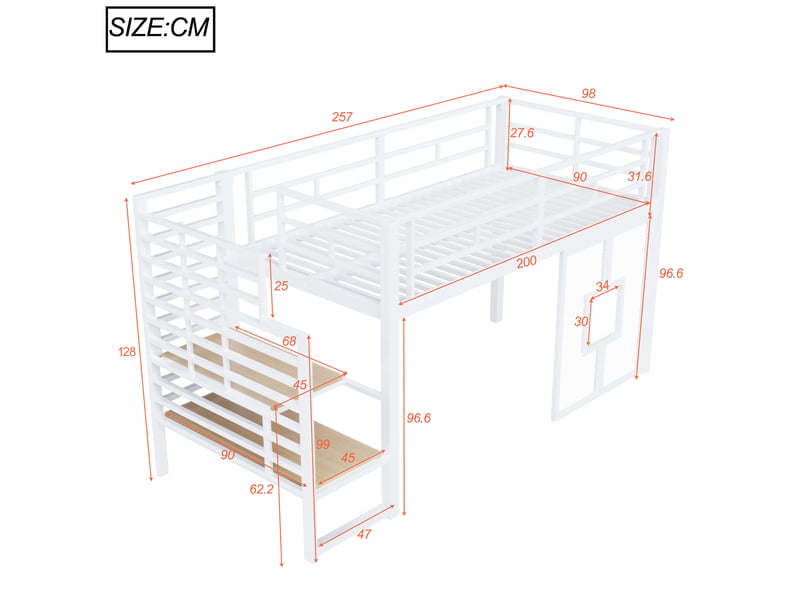  Lit mezzanine, 90x200 cm, pour chambre, lit enfant, escalier avec rangement, led, fenêtres, métal et mdf, coloris blanc  - Conforama C