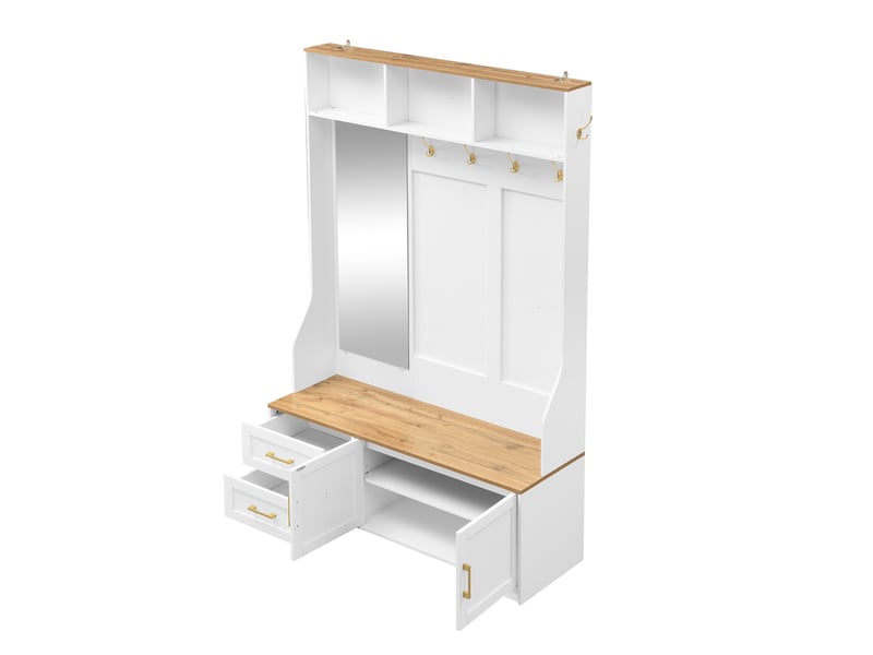 Meuble d’entrée multifonction moderne avec led, miroir, patères, tiroirs et banc de rangement - Conforama D