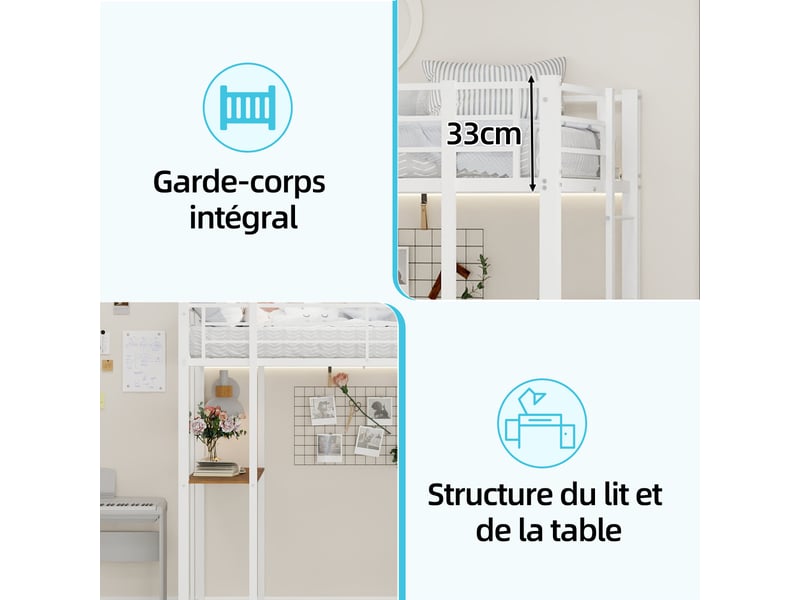  Lit mezzanine en fer 90×190 cm, bureau intégré, escalier et garde-corps, rangement sous couchage, à assembler  - Conforama D