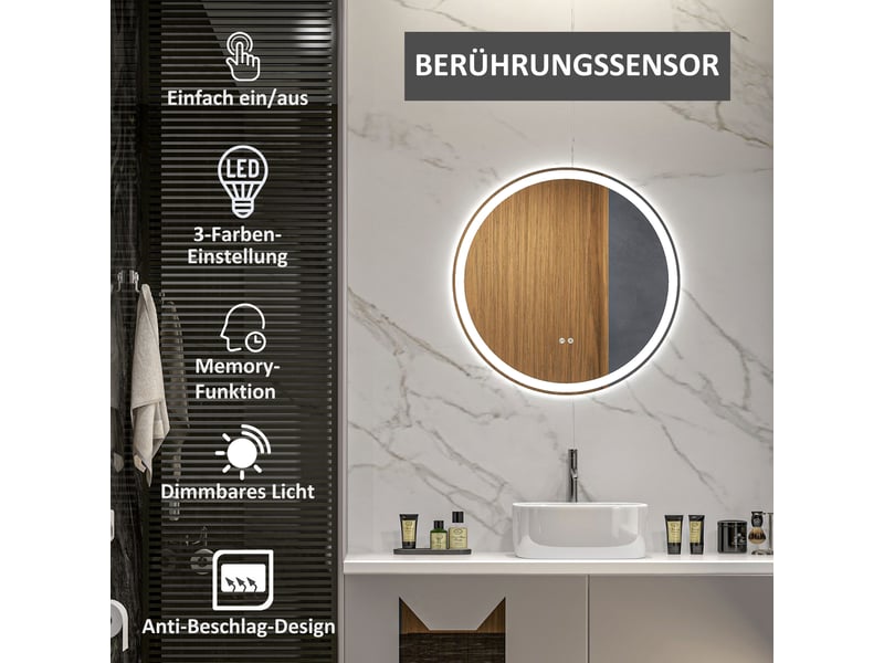  Miroir de salle de bains led rond 60 cm, antibuée avec commande tactile  - Conforama E
