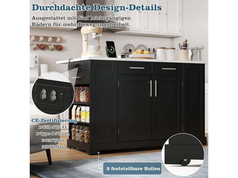 Îlot de cuisine mobile 138 × 86 × 92 cm noir, mdf, plateau effet marbre rabattable, prises eu, usb, type-c et bac coulissant - Conforama E