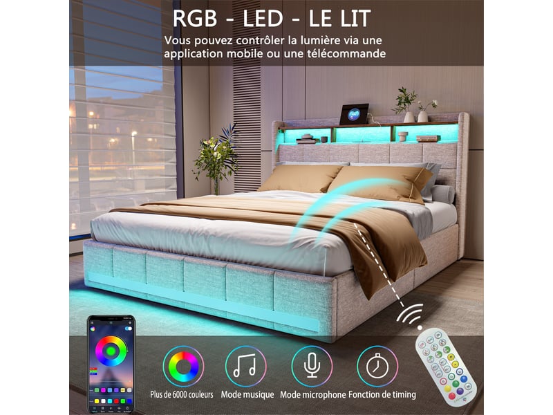  Lit avec rangement 160x200 cm coloris beige  - Conforama C