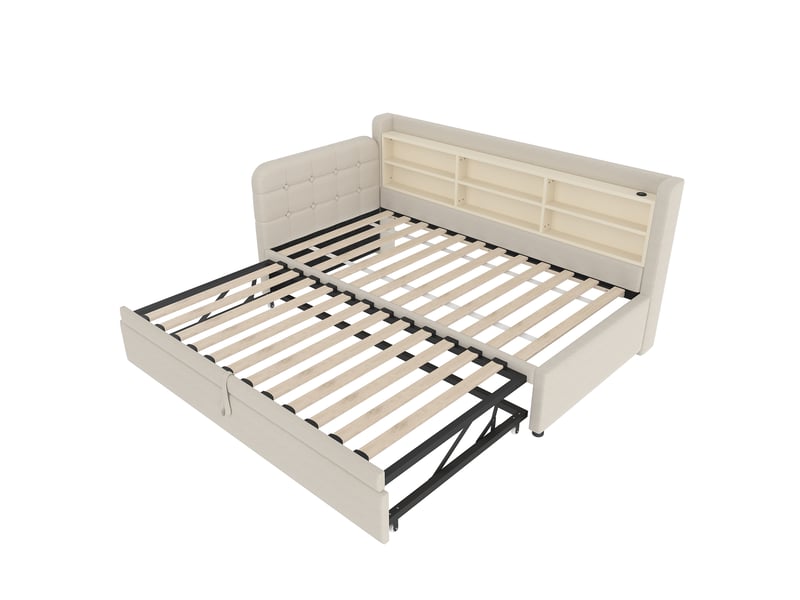  Lit gigogne 90x200 cm (180x200 cm) multifonction, tête de lit à boutons cousus main, lin et mdf, beige, sans matelas  - Conforama E