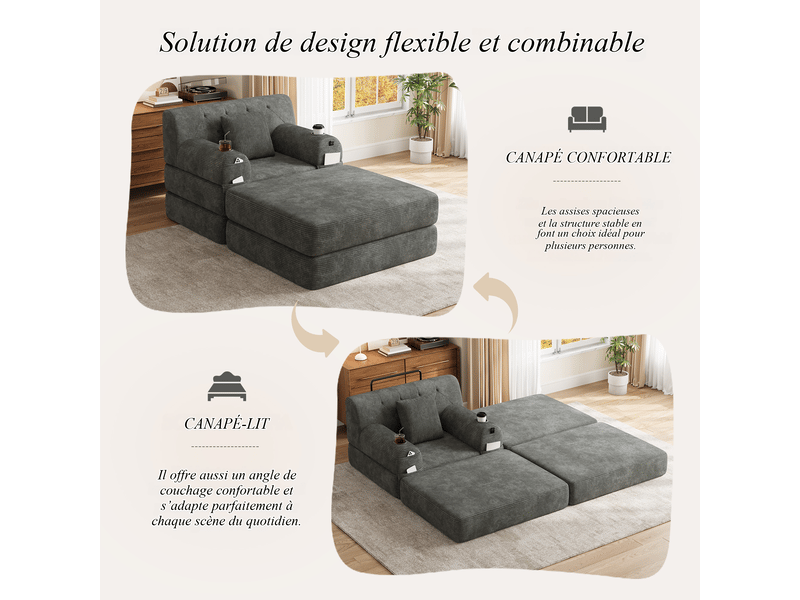  Fauteuil convertible en velours côtelé gris foncé 107x162x81 cm, 2 porte-gobelets, 4 poches, avec repose-pieds 107x162x81cm - Conforama D