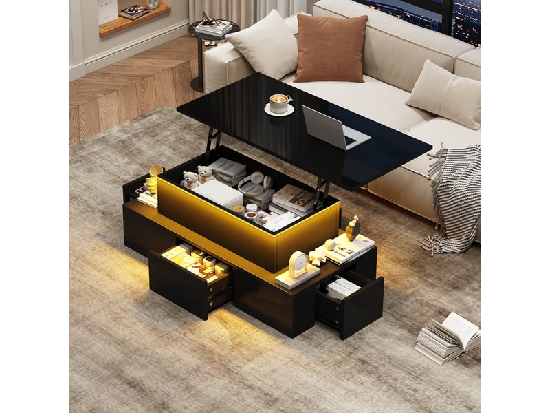  Table basse relevable, 100x50x40 cm, avec 4 tiroirs et led, mdf, noir  - Conforama D
