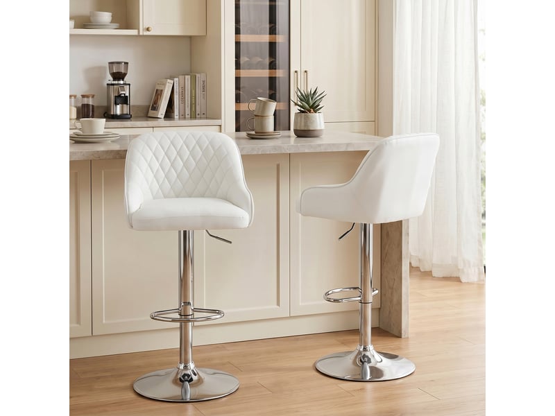  Ensemble de 2 tabourets de bar pivotants et réglables en hauteur avec dossier, similicuir, blanc  - Conforama D