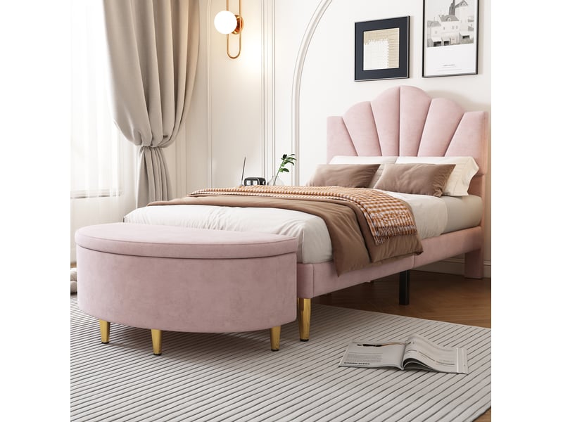  Banc de rangement 90x40x42 cm, pieds en métal, velours rose  - Conforama E