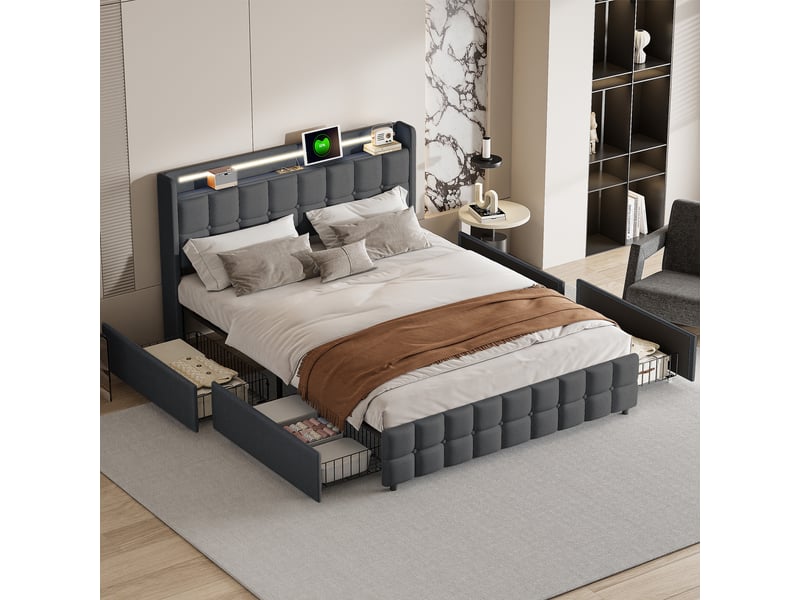  Lit 160x200cm - lit double rembourré 160x200cm queen size - led rgb usb prises et 4 tiroirs de rangement - design lin - gris  - Conforama B