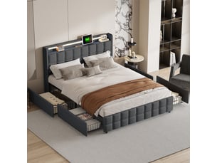 Lit 160x200cm - lit double rembourré 160x200cm queen size - led rgb usb prises et 4 tiroirs de rangement - design lin - gris