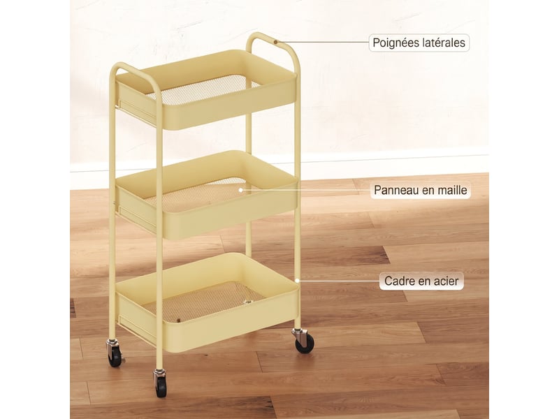 Desserte de cuisine style néo-rétro - 3 étagères - acier jaune kaki - Conforama D